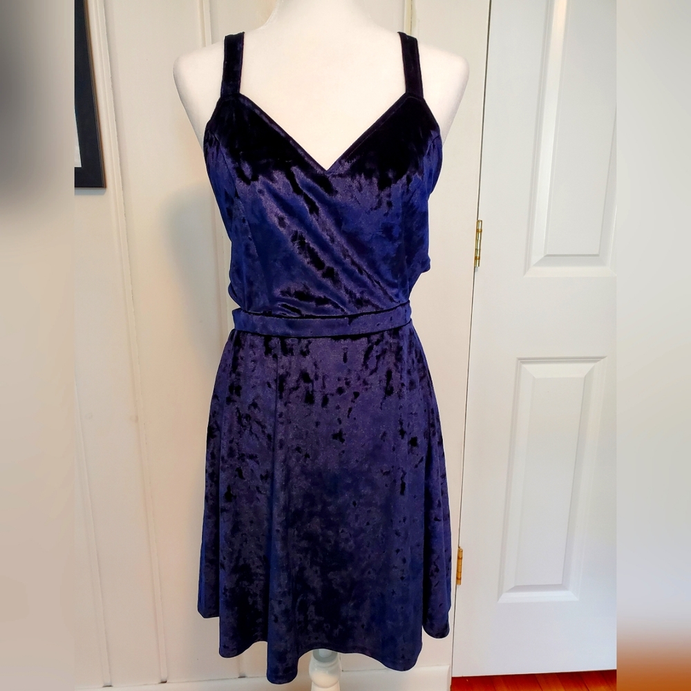 Boutique Blue Crushed Velvet Mini Skater Dress Cutout Size M